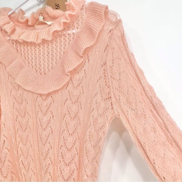 Listicle Pale Pink Ruffle Yoke Feminine Romantic Open Knit Pullover Sweater NEW - Picture 6 of 16